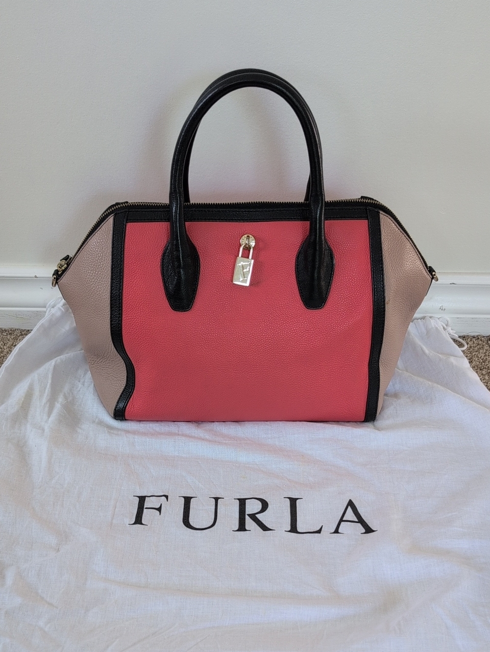 Furla Olympia Pink Center Coral Panel Satchel with Black Trim Handbag